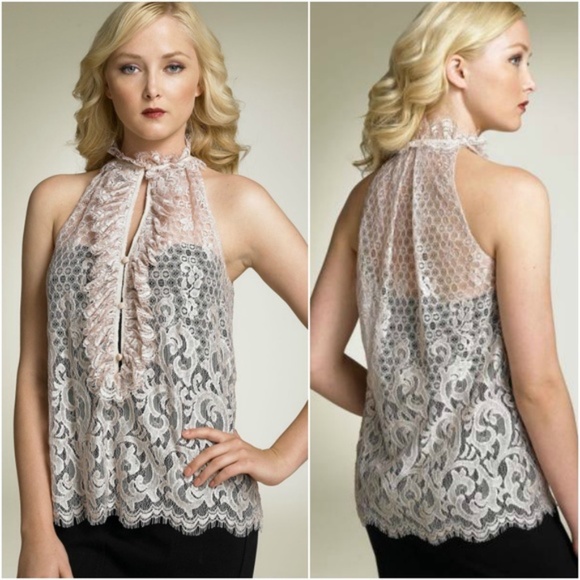 Diane von Fürstenberg, Olvida Ruffled Scalloped Floral Lace Sheer Sleeveless Top - Picture 1 of 16